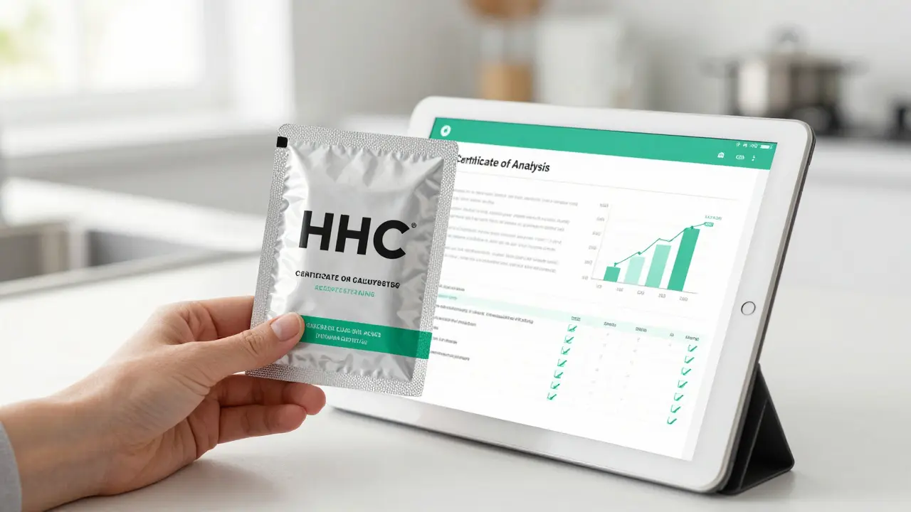Detail produktu HHC vedle digitálního certifikátu analýzy COA potvrzující čistotu a kvalitu.
