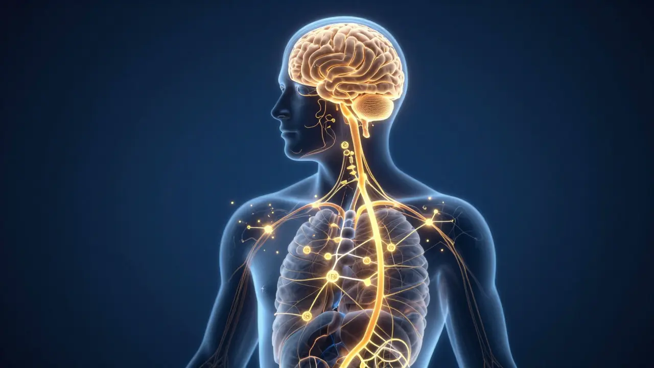 Konceptuální zobrazení endocannabinoidního systému v lidském těle s goldenmi receptory.