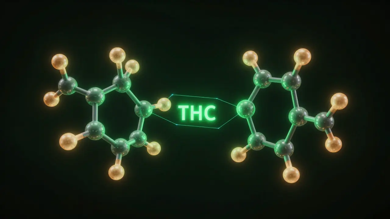 Konceptuální zobrazení podobnosti molekul THC a HHC v neonovém stylu.