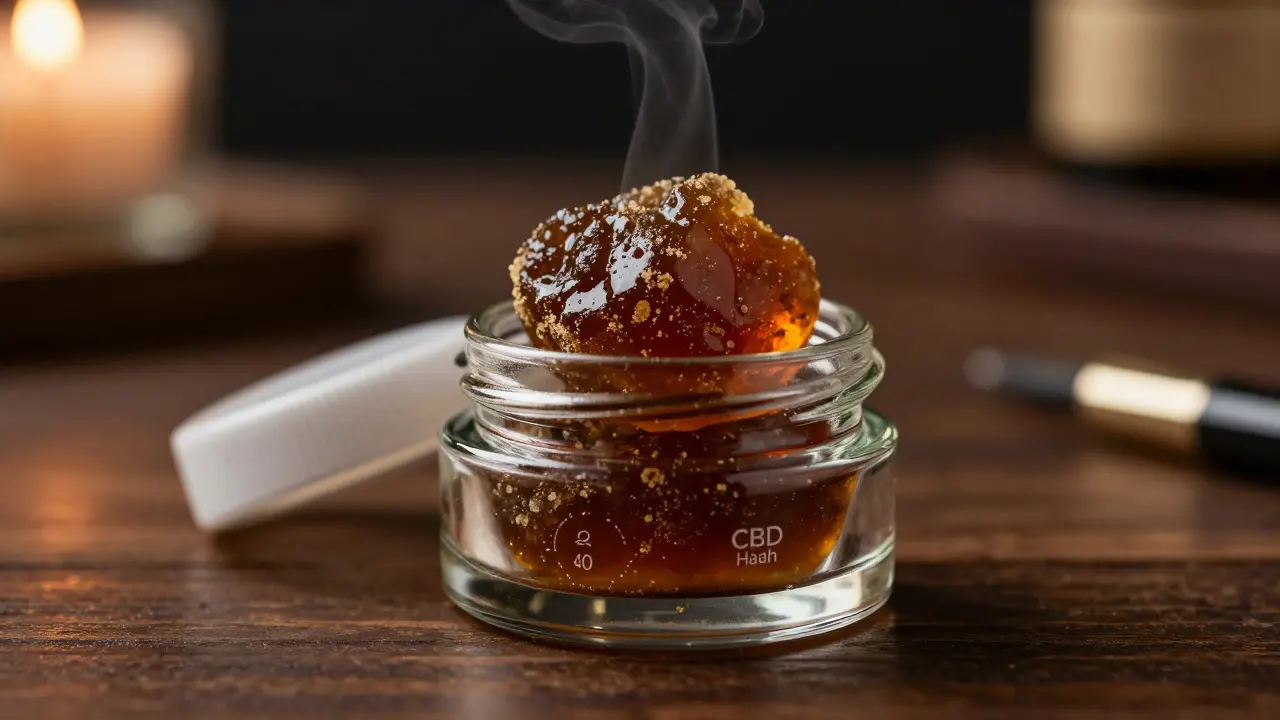 Kvalitní CBD hash v uzavřené skleněné nádobě v relaxačním prostředí.