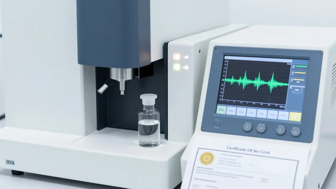 Laboratorní přístroj pro přesné rozlišení kanabinoidů a certifikát analýzy.