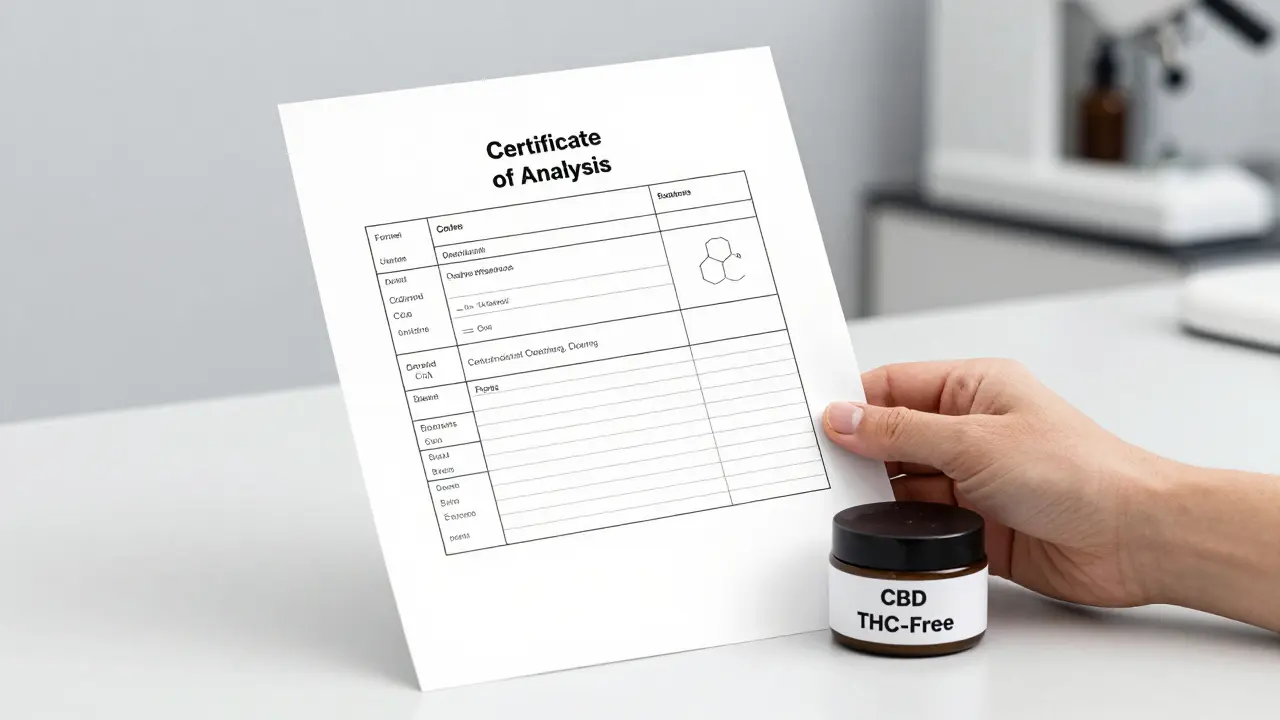 Ruka drží laboratorní certifikát CoA vedle kvalitního CBD krému.