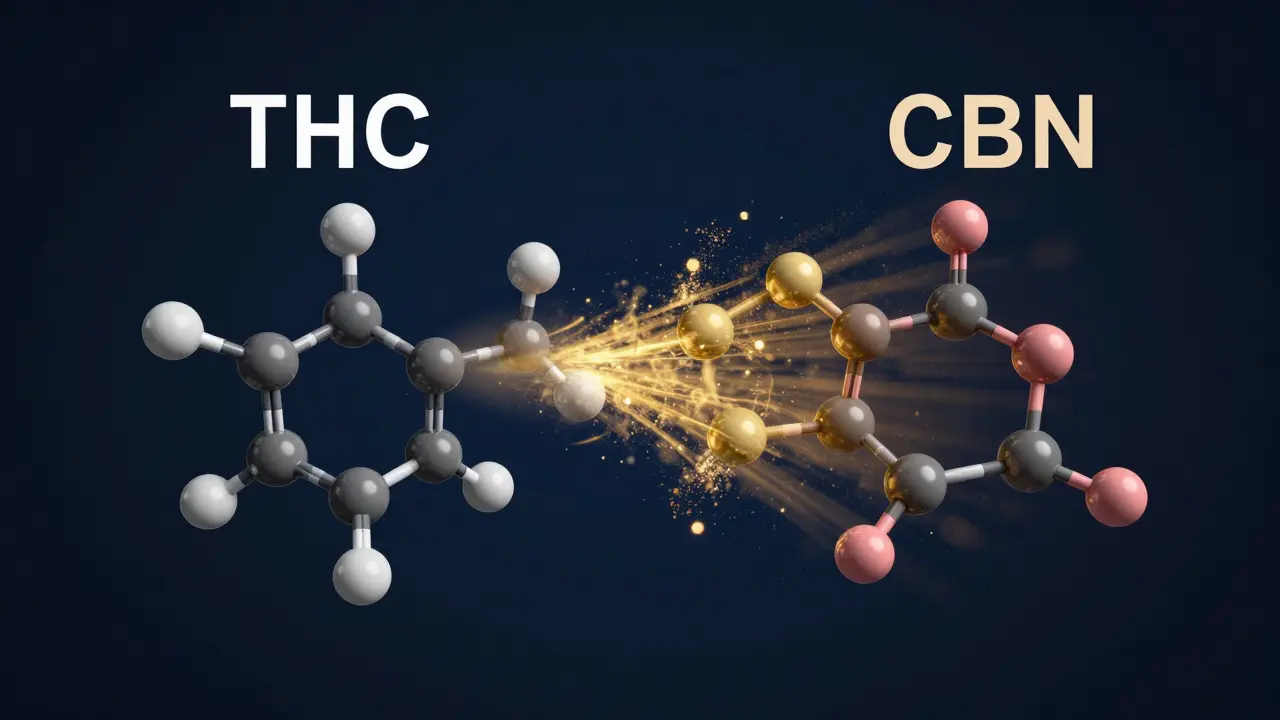 Umělecká znázornění chemické přeměny THC na CBN pomocí molekul.