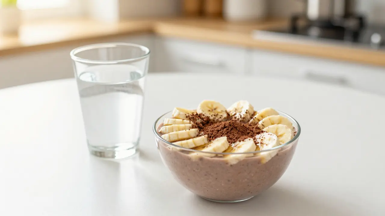 Zdravá smoothie bowl s banánem a sklenicí vody pro správnou hydrataci.