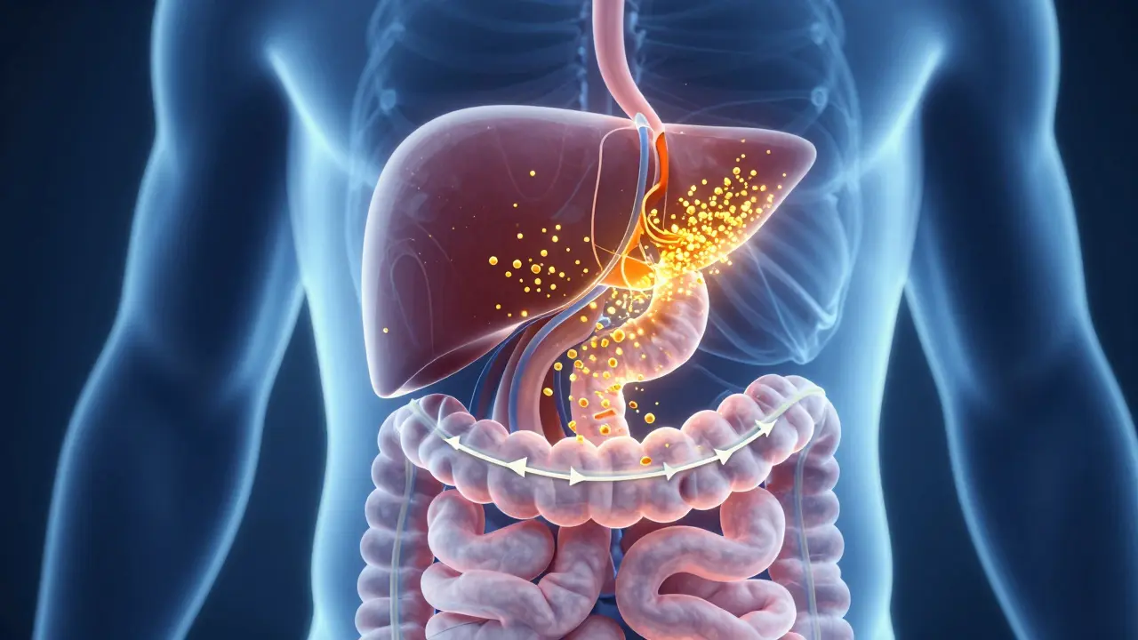 Abstraktní ilustrace metabolismu THC v játrech a střevech