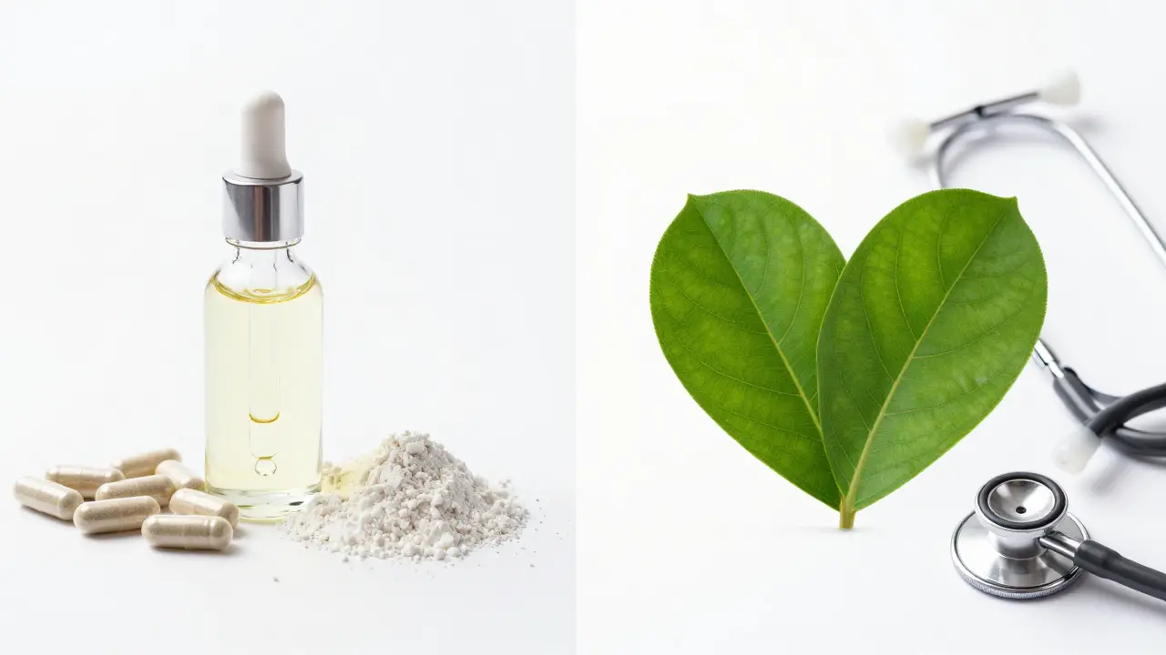CBD olej vedle magnesia a stetoskopu na bílém pozadí