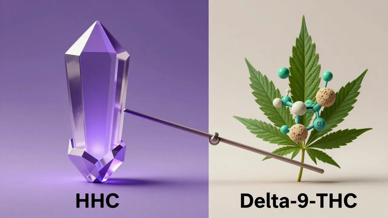 Konceptuální srovnání syntetického HHC a přírodního THC na vahách