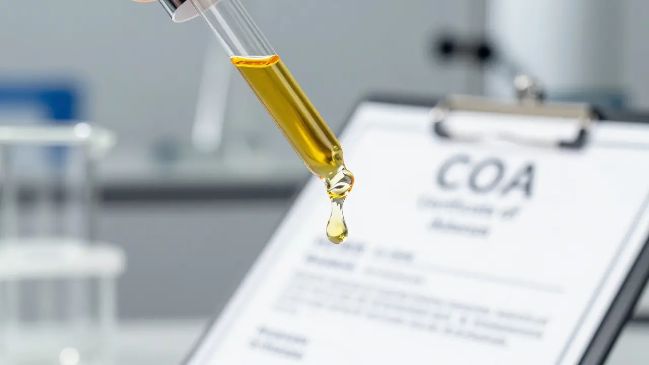 Kvalitní kanabinoidní olej a symbol laboratorního testování čistoty