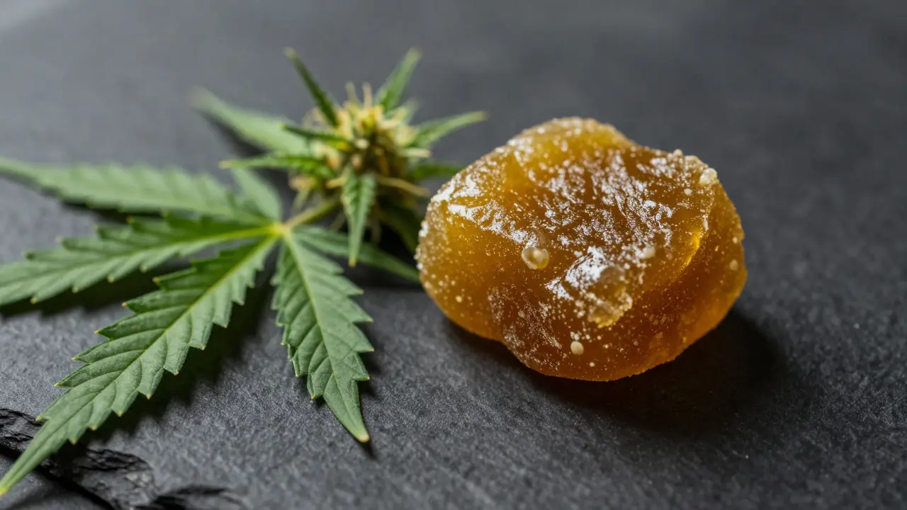 Makro záběr kvalitního CBD hashe a čerstvých konopných listů