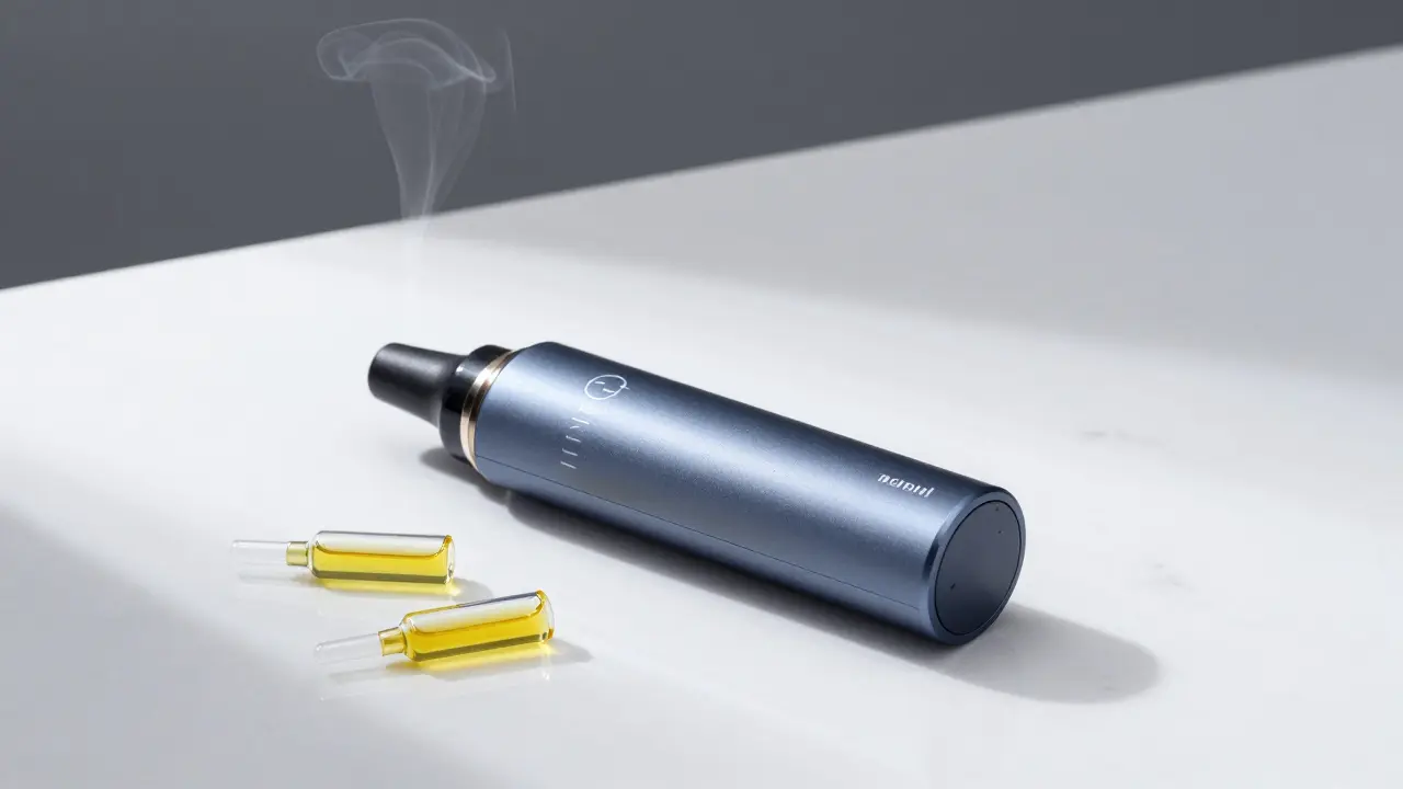 Moderní vaporizér a náplně oleje na bílém mramoru, představující čistší formu konzumace.