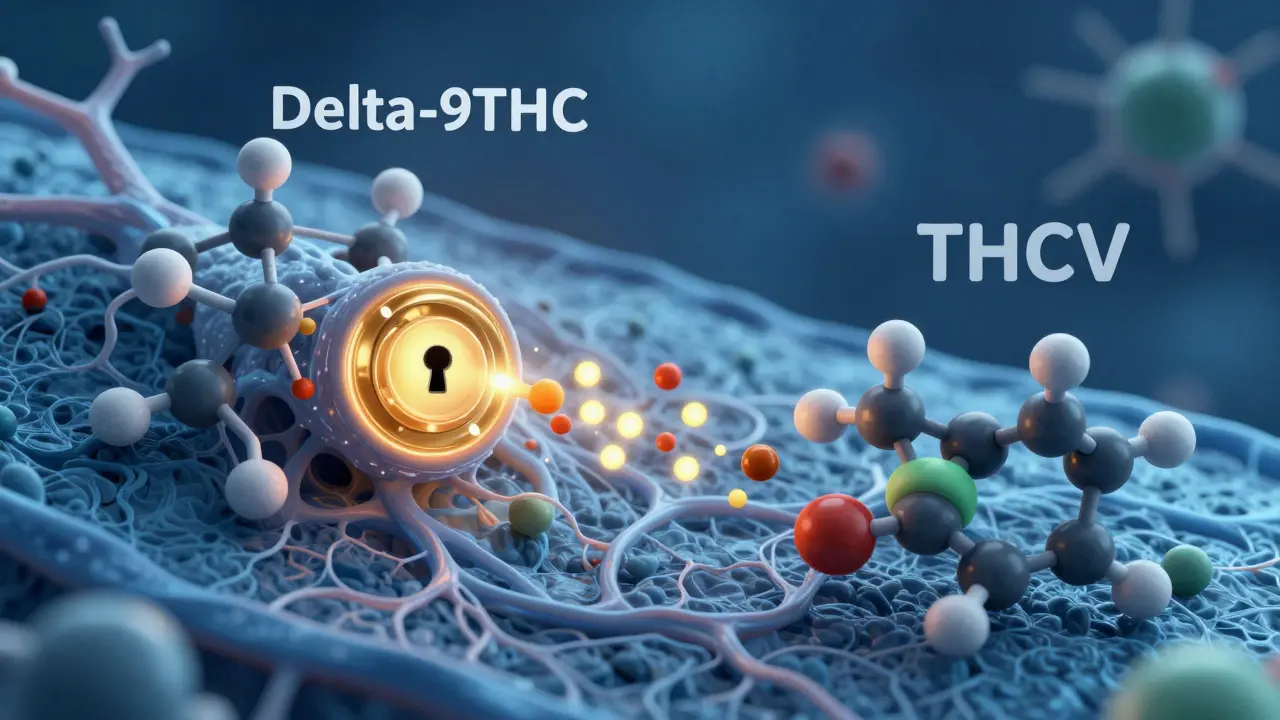 Molekulární model THC zapadající do receptoru v mozku vedle THCV