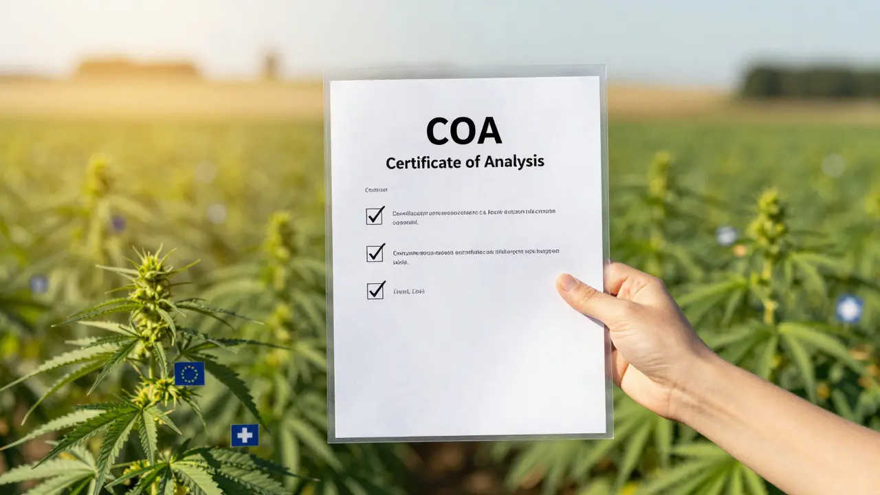 Ruka drží certifikát analýzy produktu před polem konopí
