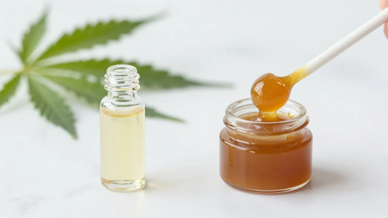 Srovnání CBD shatteru a rosiny vedle sebe na mramoru