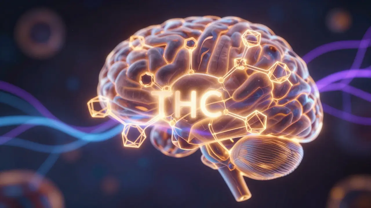Abstraktní ilustrace interakce THC molekul s nervovou soustavou
