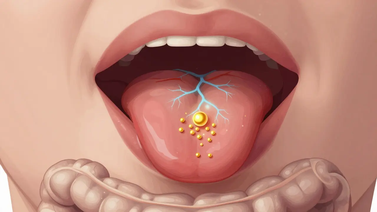 Ilustrace absorpce CBD pod jazykem do krevního řečiště