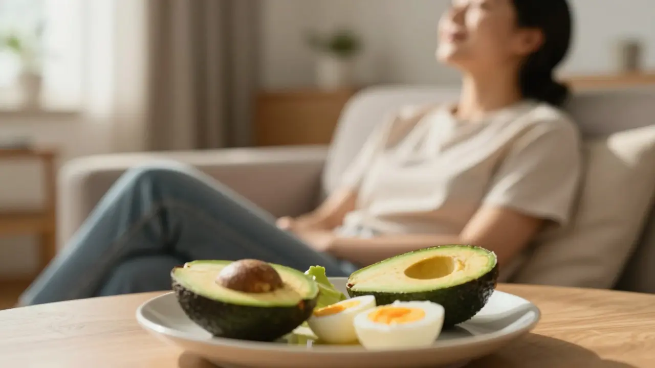 Relaxovaná osoba s avokádem, symbolizující správné užívání
