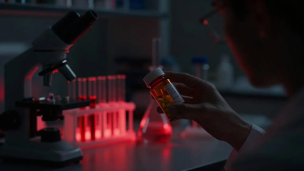 Tmavá scéna s léky a laboratorním vybavením symbolizující rizika interakcí
