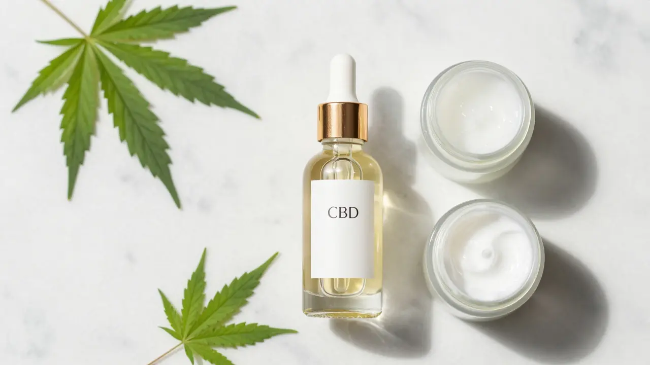Elegantní CBD sérum a krém na mramorové desce s konopnými listy.