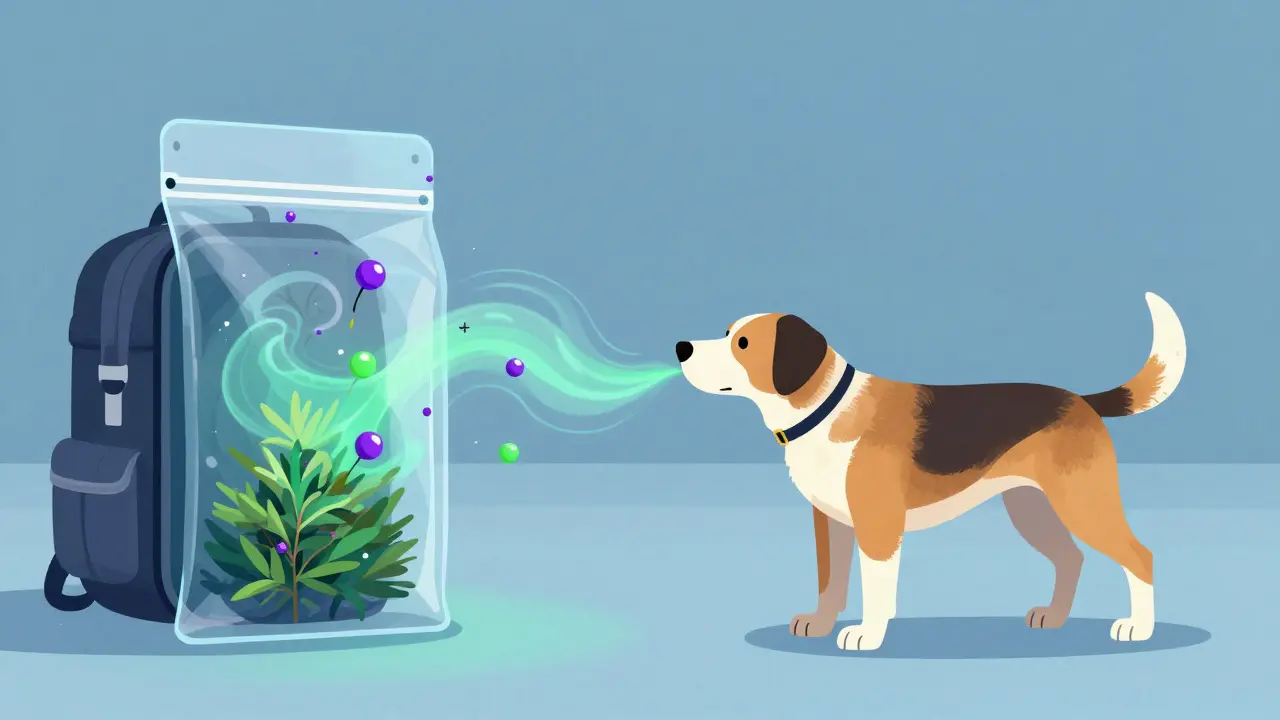 Konceptuální ilustrace psa čichajícího aromatické molekuly z balení