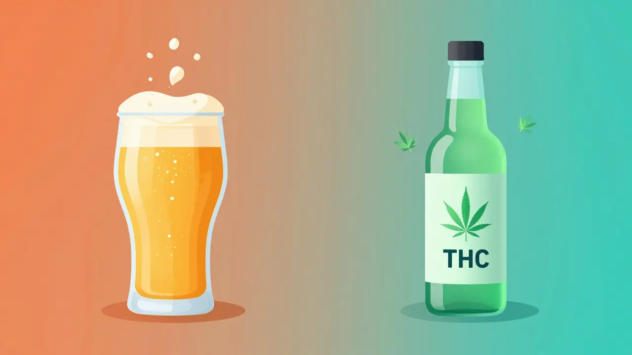 Konceptuální ilustrace rozdílů mezi alkoholem a THC nápoji
