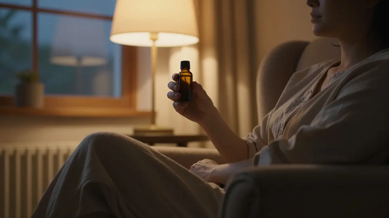 Osoba relaxující v křesle večer s lahví konopného oleje