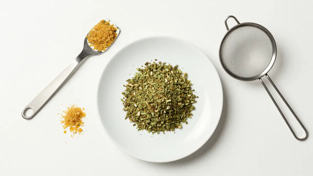 Příprava směsi: nasekaný květ, CBD crumble a sítko na talíři