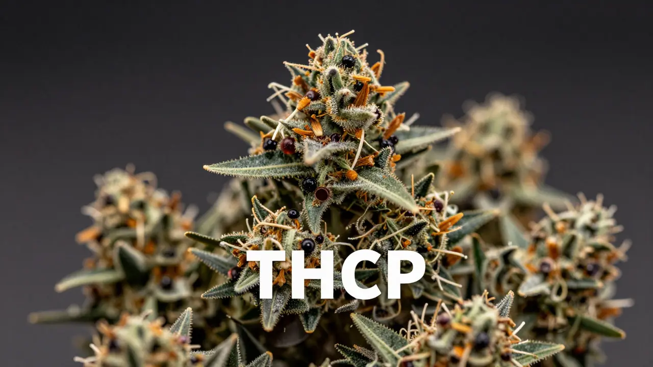 Schéma endokannabinoidního systému ukazující vazbu THCP na receptory CB1 v mozku.