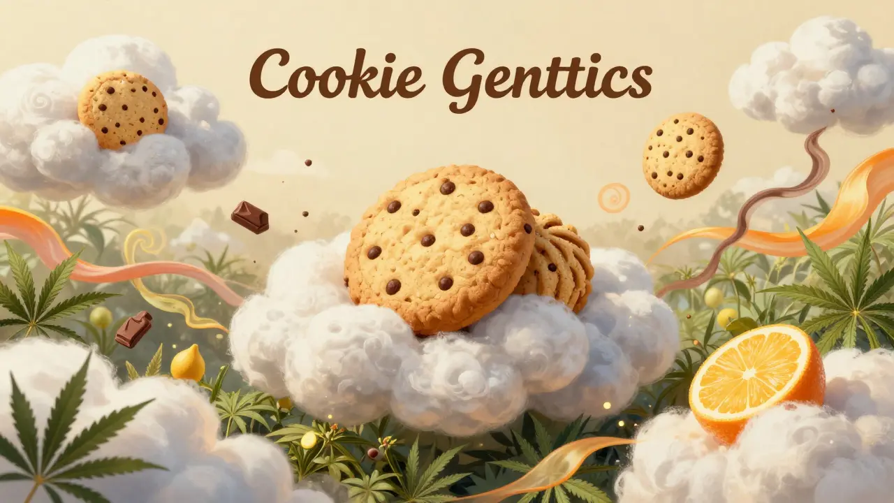 Surrealistická ilustrace cookie genetiky a oblaků