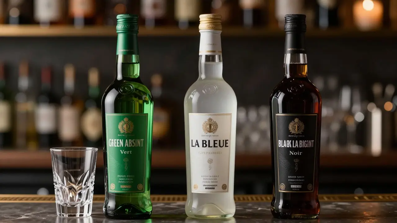 Tři typy absintu: zelený, bílý a černý vedle sebe