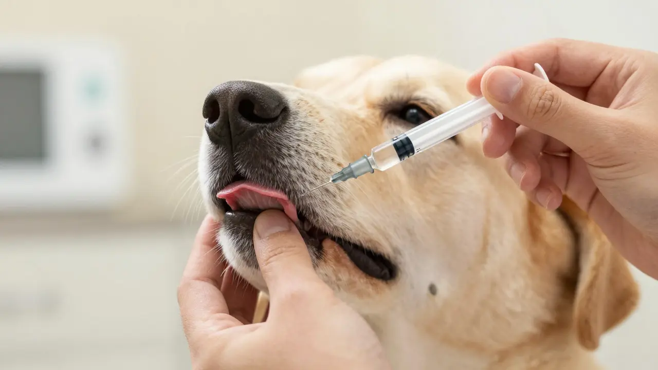 Blízký záběr na podávání kapavek CBD psu pomocí pipety pod dohledem veterináře.