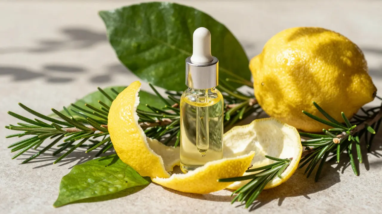 Citrony, borovice a olej symbolizující terpeny