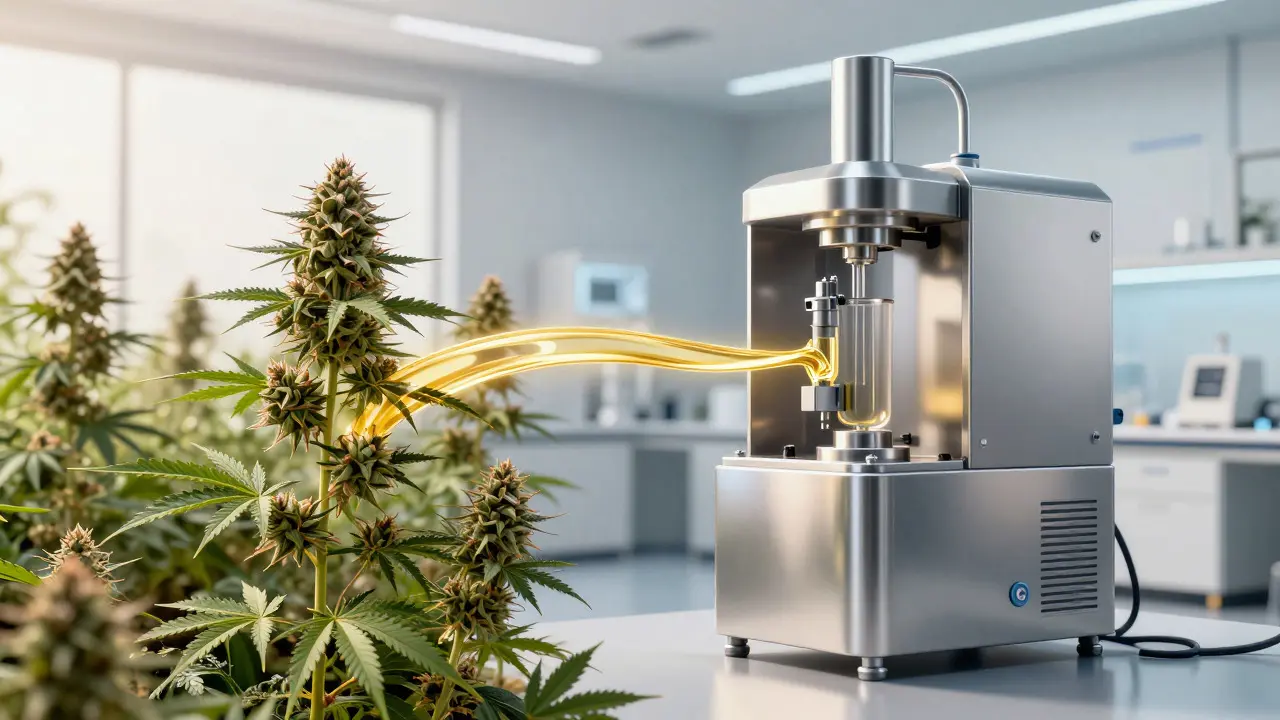 Ilustrace extrakce CBD z konopí do čistého extraktu v laboratoři