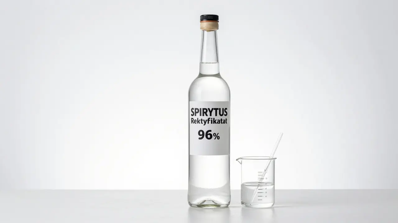 Lahev čistého spirytusu na bílém pozadí