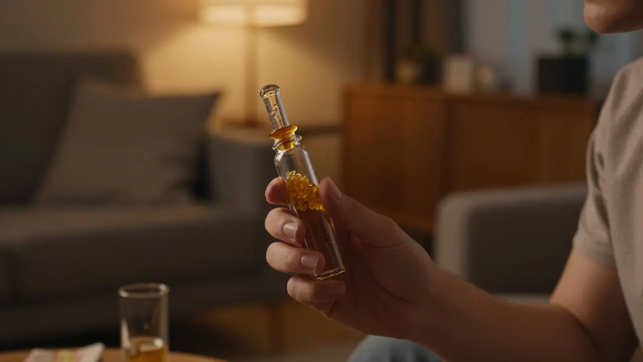 Osoba s vaporizérem pro CBD shatter v klidném interiéru