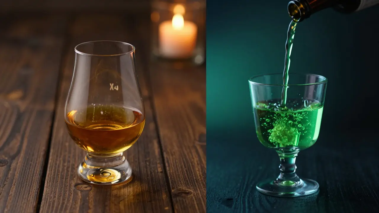 Porovnání silné whisky a zeleného absintu