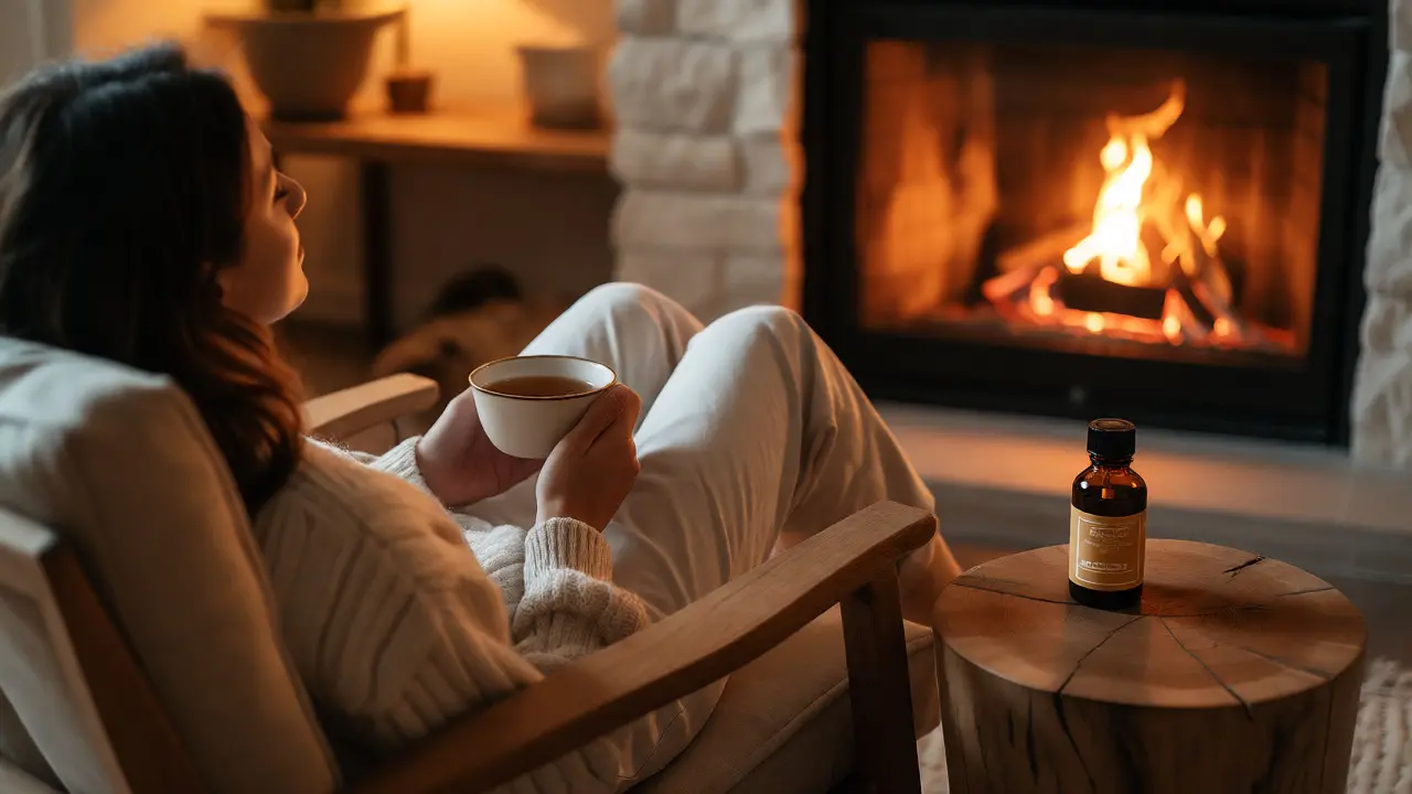 Člověk relaxující v křesle u krbu s lahvičkou oleje