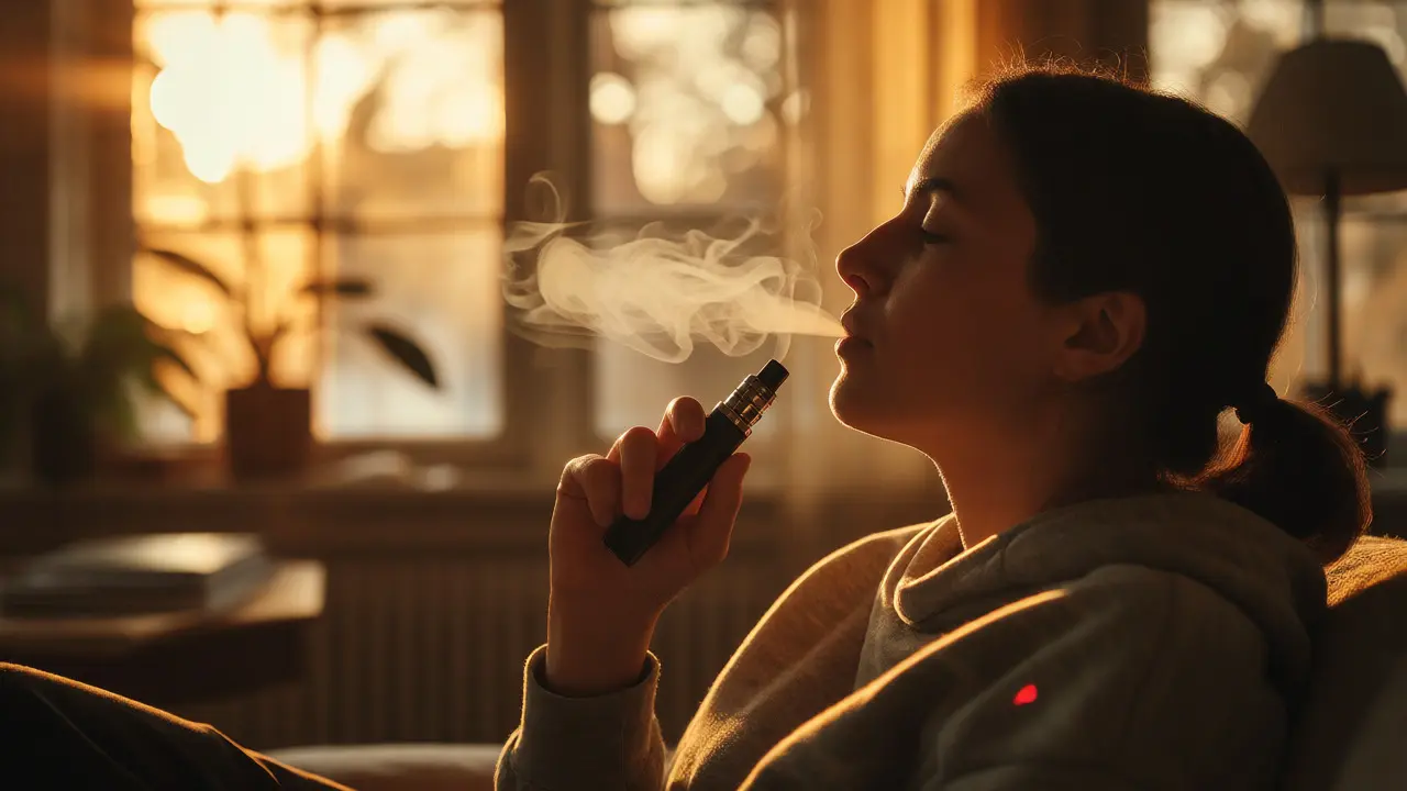Člověk v klidném prostředí jemně inhaluje z CBD vapu ve slunečním světle