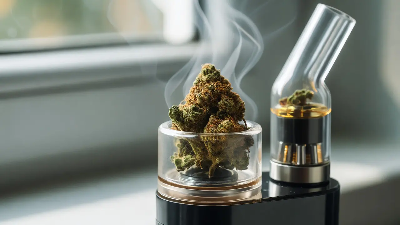 H4CBD květy ve skleněném vaporizéru s párou