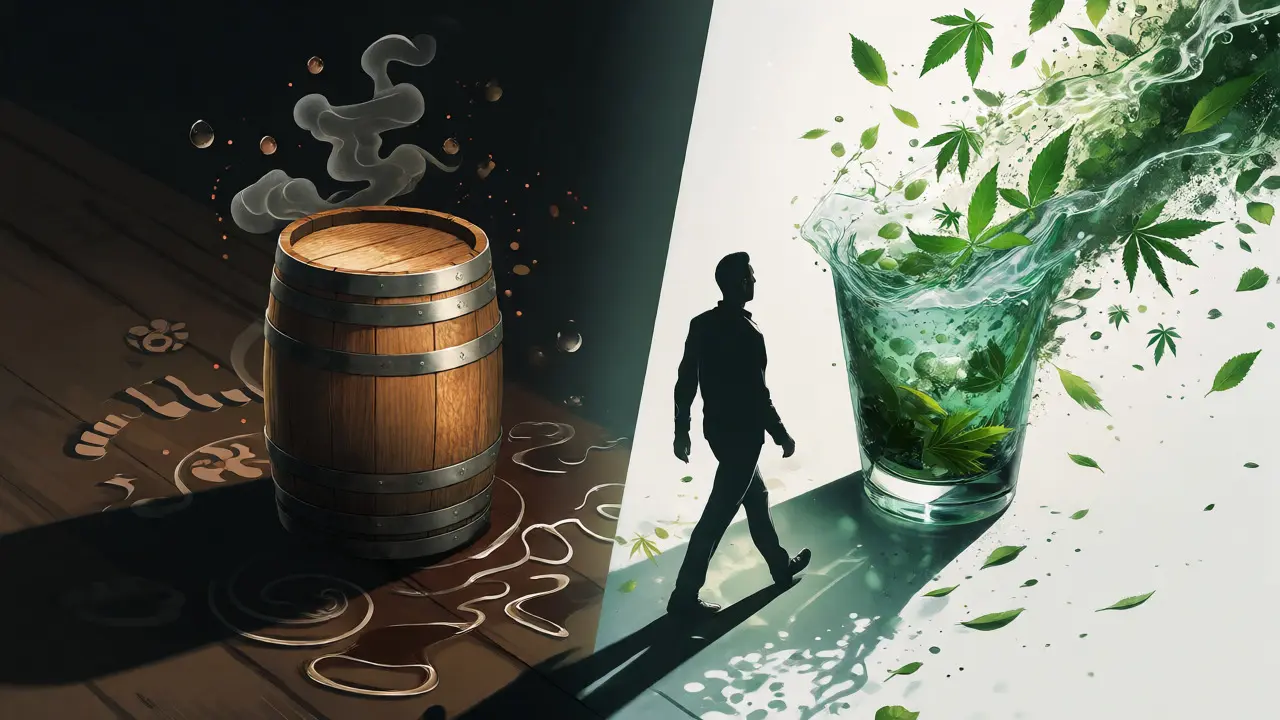Konceptuální umění znázorňující přechod od těžkého alkoholu k lehkému konopnému nápoji.