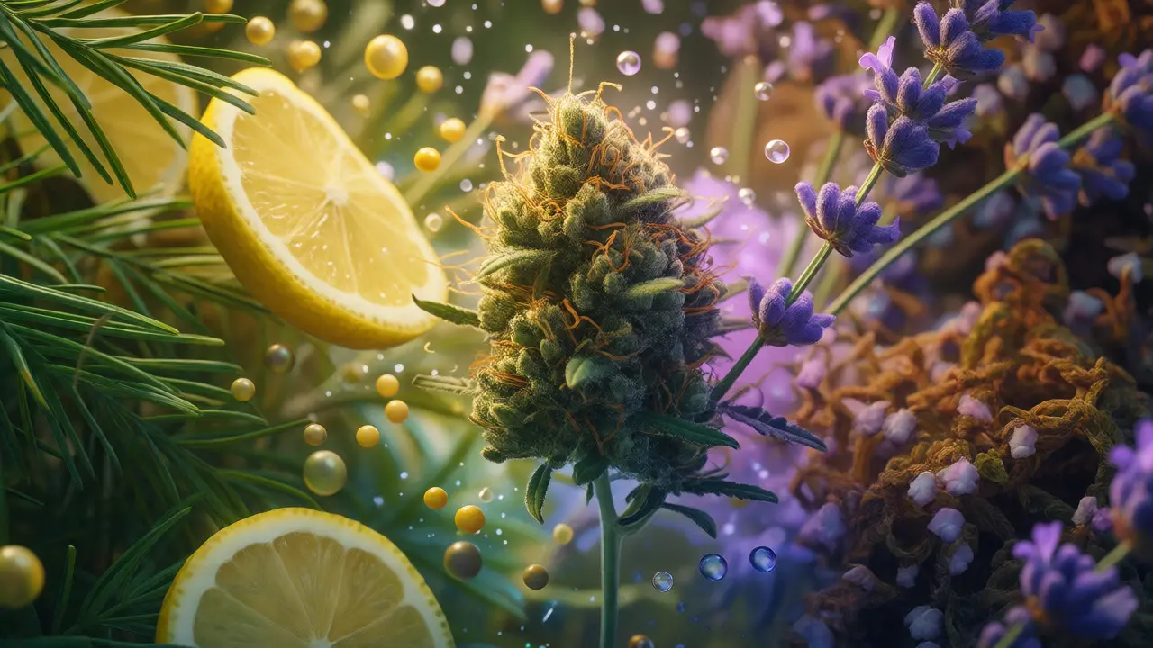 Makro snímek konopného květu obklopeného citróny a levandulí, symbolizujícími různé terpeny.