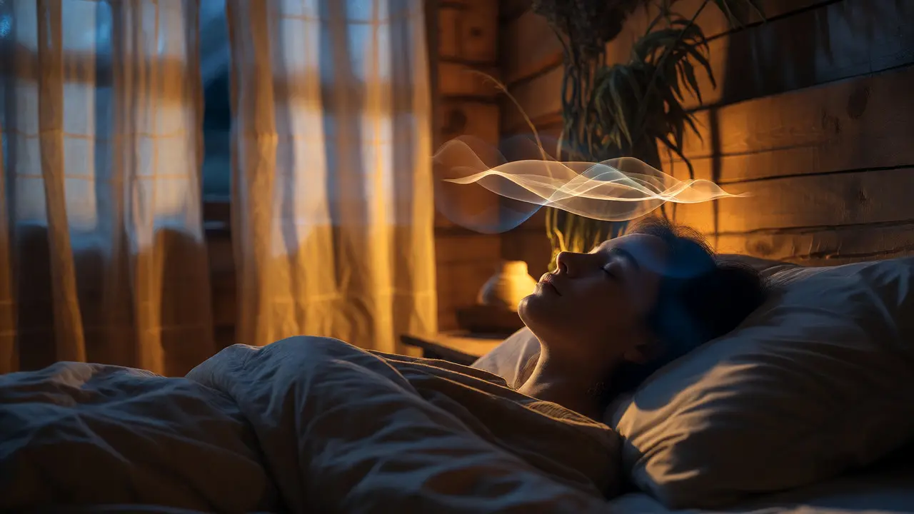 Person sleeping peacefully with abstract calming neural patterns floating nearby