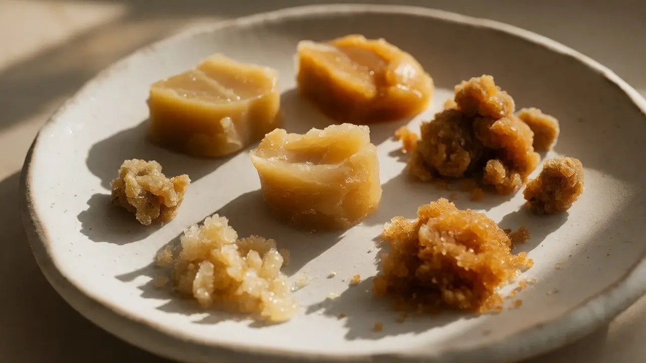 Různé konzistence CBD waxu, včetně budderu a crumble, uspořádané na keramickém talíři.