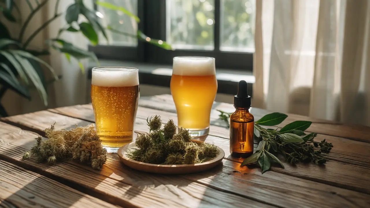 Stolní scéna s nealko pivem, konopím a bylinkami