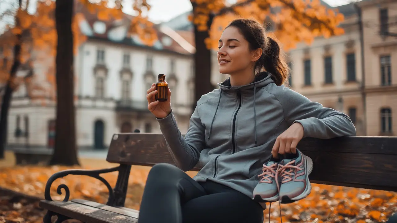 Žena odpočívající v parku s lahví CBD oleje po sportu