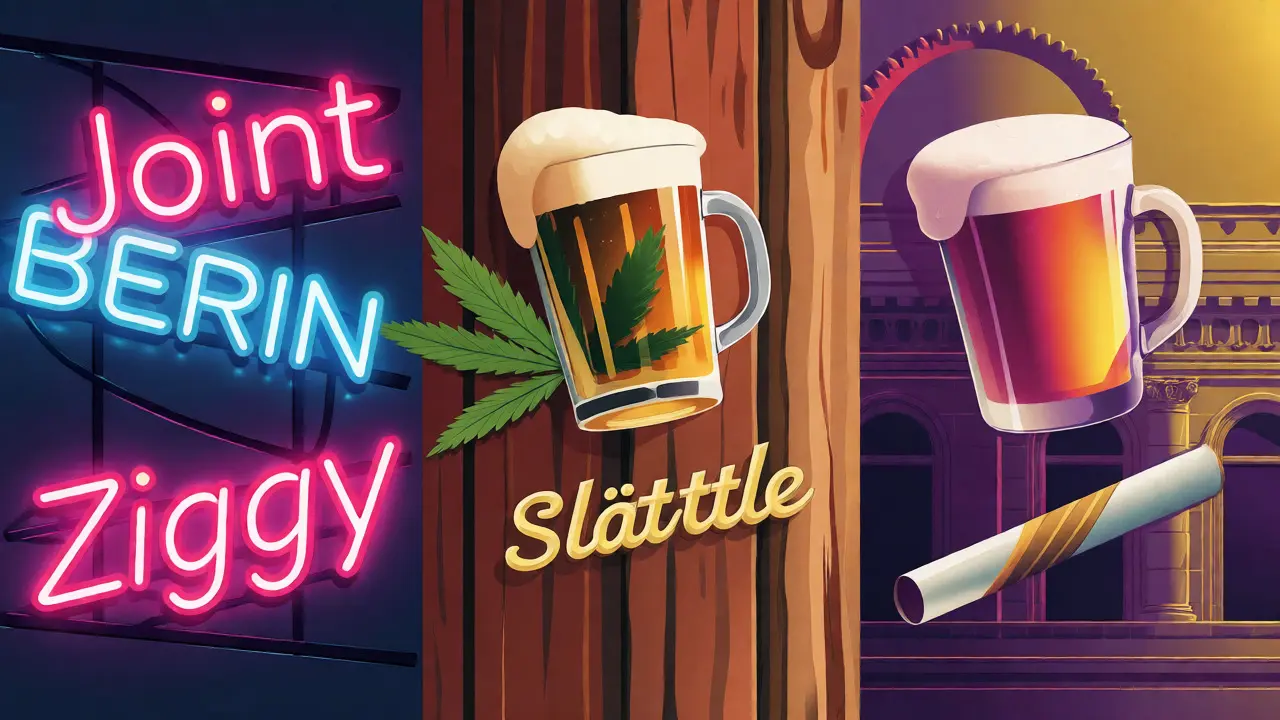 Abstraktní ilustrace rozdílných regionálních stylů konopné kultury.
