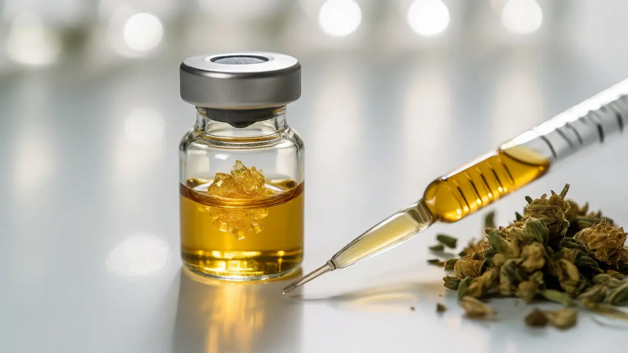 Čistý olej CBD v laboratorním prostředí zdůrazňující kvalitu produktu