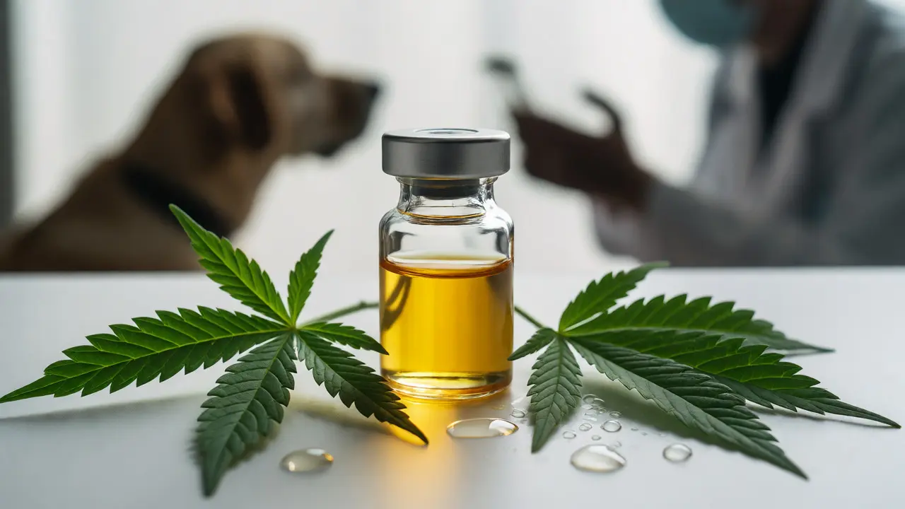 Detailní záběr na čisté CBD oleje a konopné listy v laboratorním prostředí.