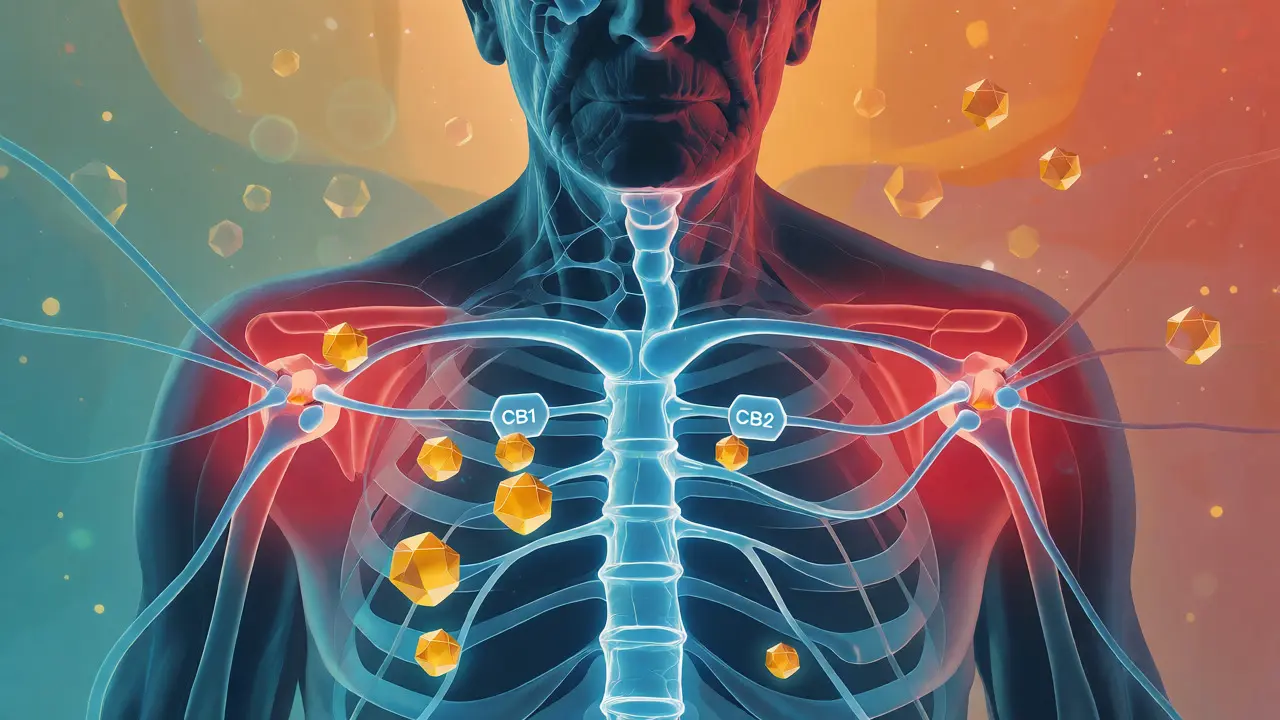 Ilustrace interakce molekul CBD s receptory endokanabinoidního systému v těle.