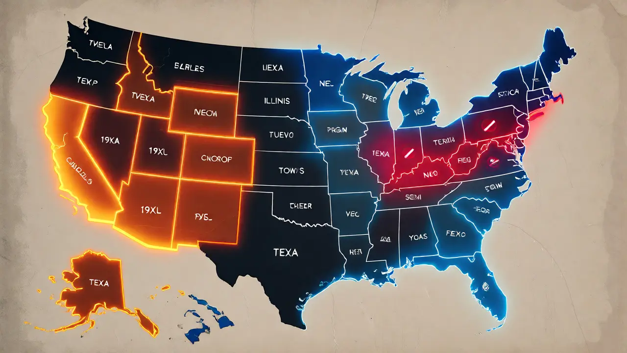 Ilustrace mapy USA rozdělené na oblasti s povoleným a zakázaným prodejem silného alkoholu.