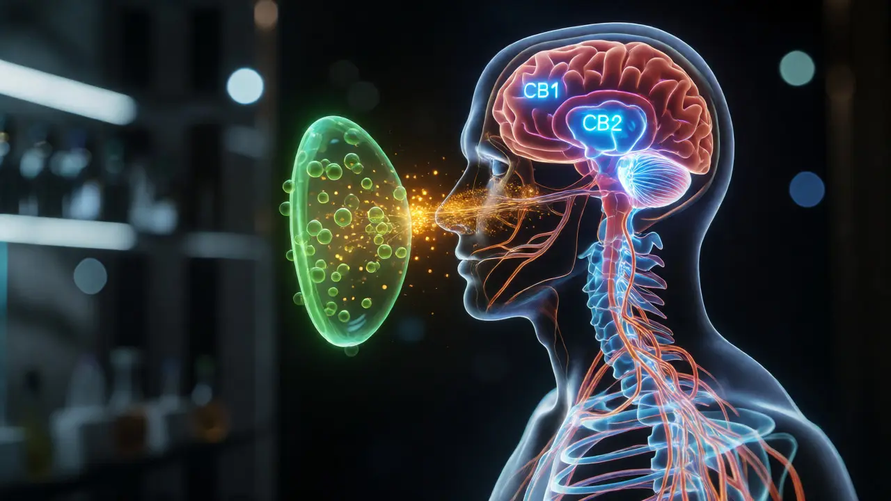 Konceptuální vizualizace endokanabinoidního systému a interakce CBD s receptory.